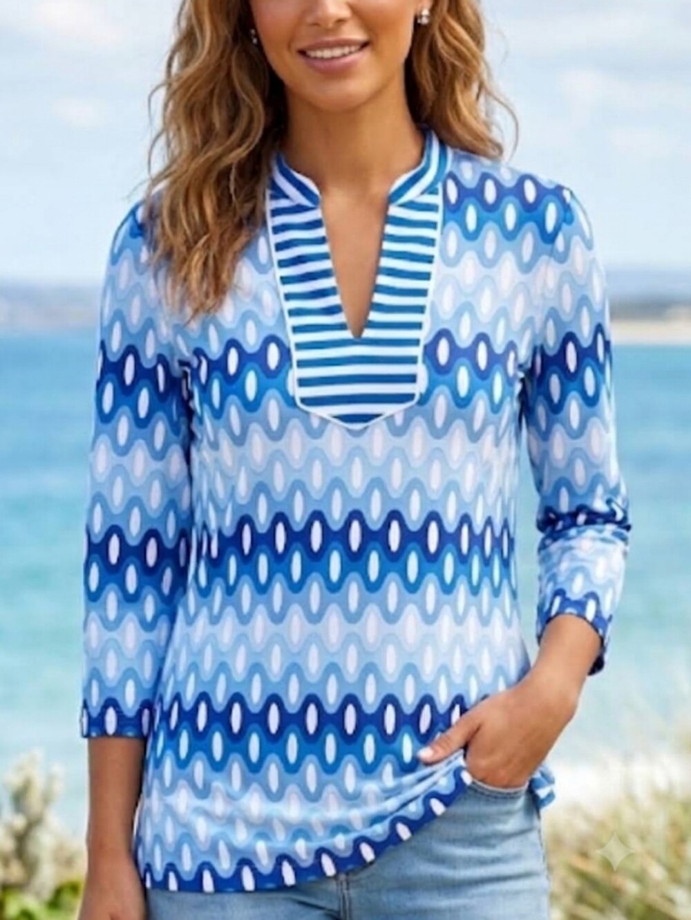 J.Mclaughlin Blue Wave Tunic Top Size XS Catalina Cloth Resortwear